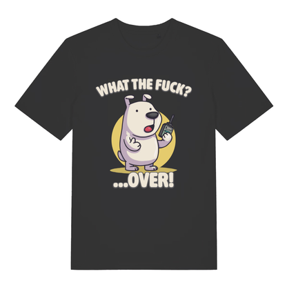 Black What The Fuck Over women’s funny graphic t-shirt with bold phonetic dog design  