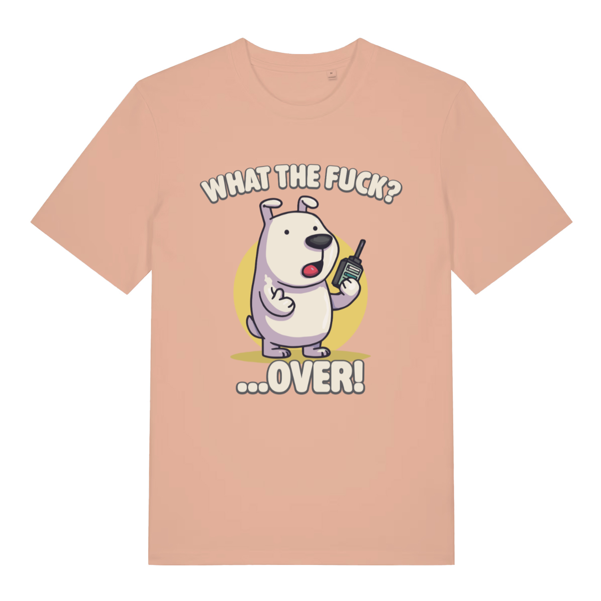 Peach What The Fuck Over women’s funny graphic t-shirt showing cheeky cartoon puppy print  