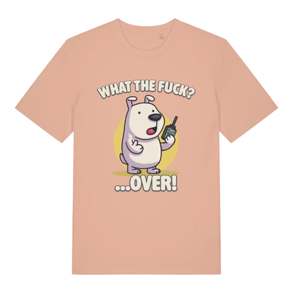 Peach What The Fuck Over women’s funny graphic t-shirt showing cheeky cartoon puppy print  