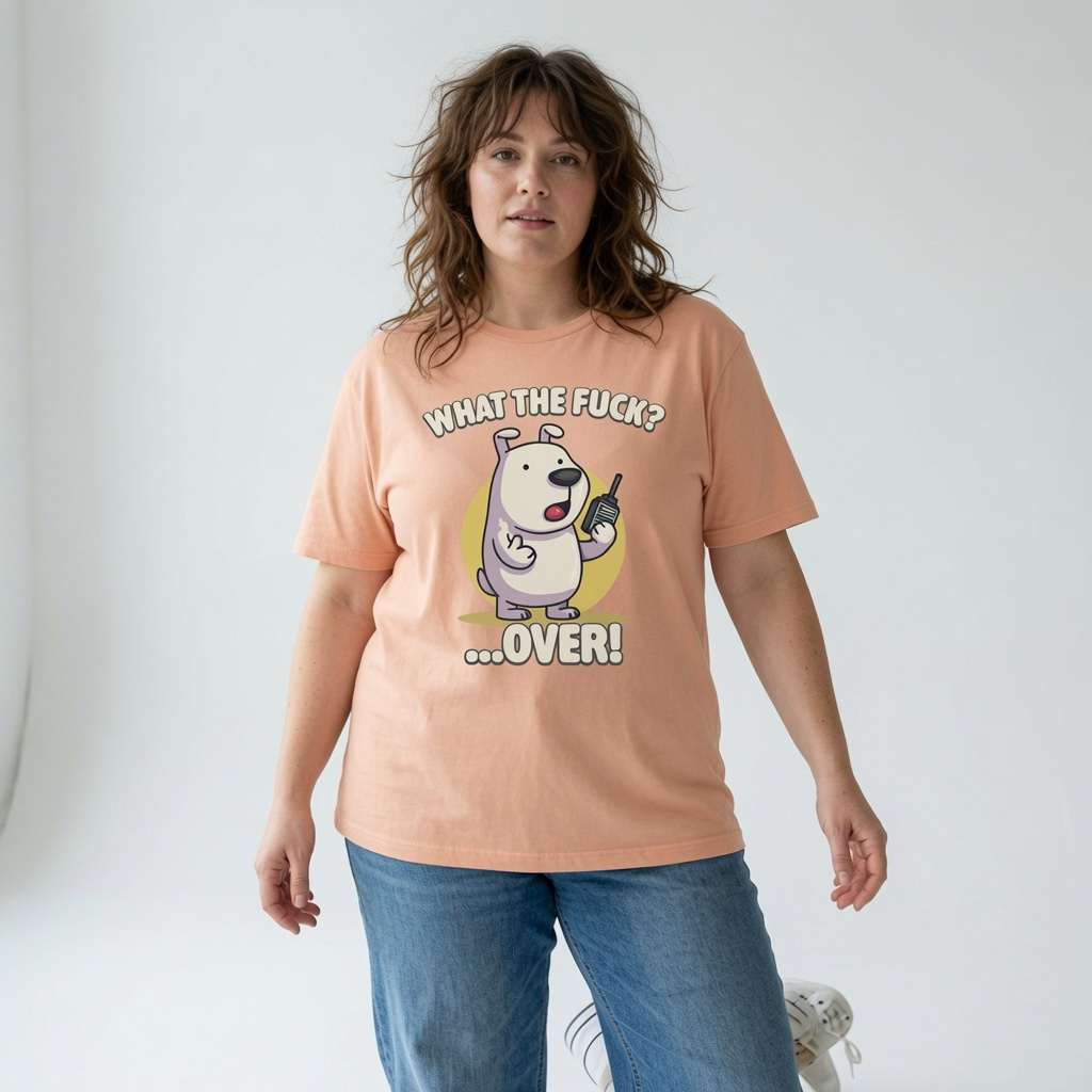 Woman looking slightly to the side in a peach What the Fuck? …Over! t-shirt, cheeky offensive comedy gold dog design that every no-nonsense lady will claim