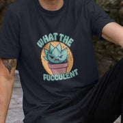 Man wearing a navy gardening t-shirt featuring an angry cartoon succulent with the phrase 