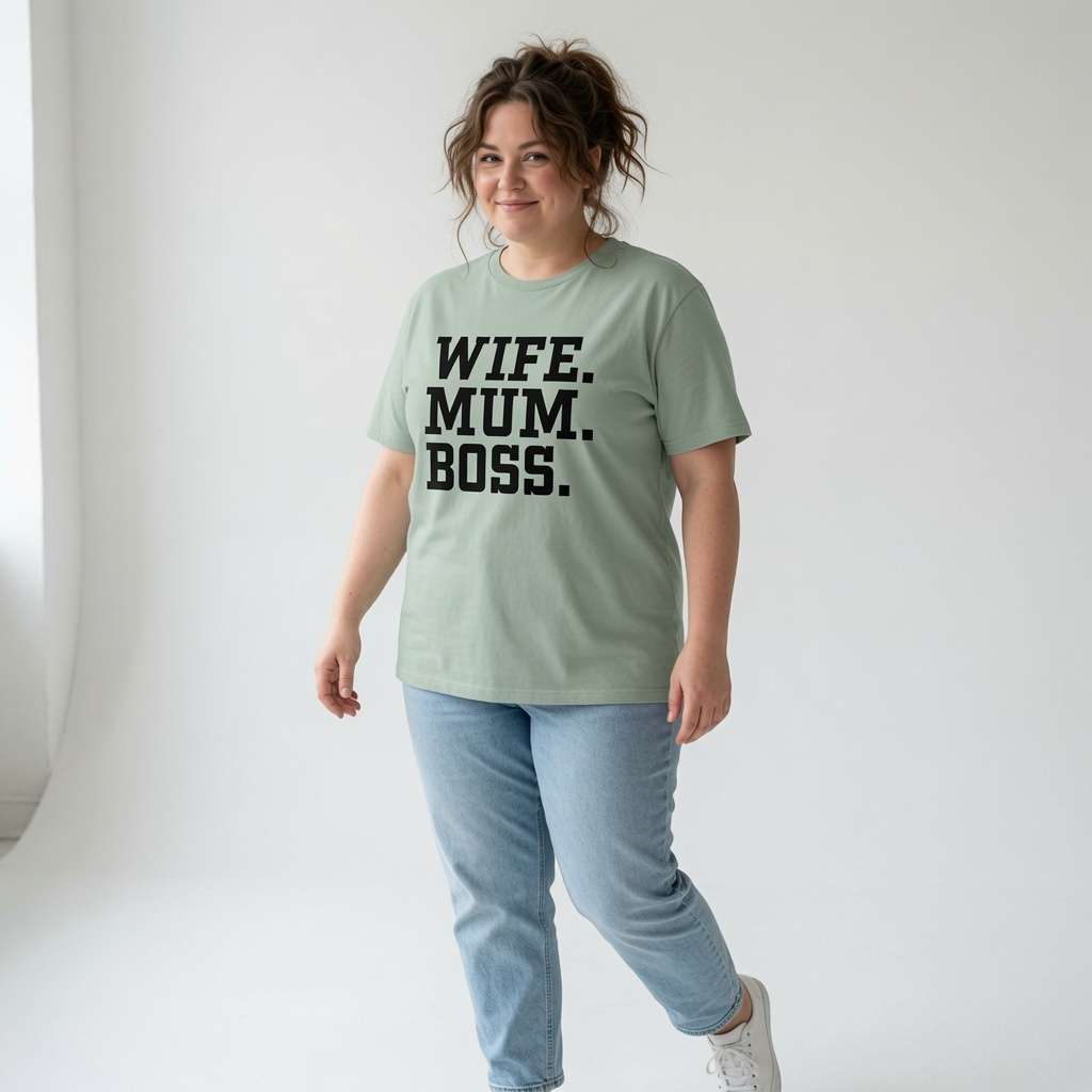 Woman walking and smiling in an aloe Wife. Mum. Boss. t-shirt, the ultimate mum wife shirt full of pure attitude