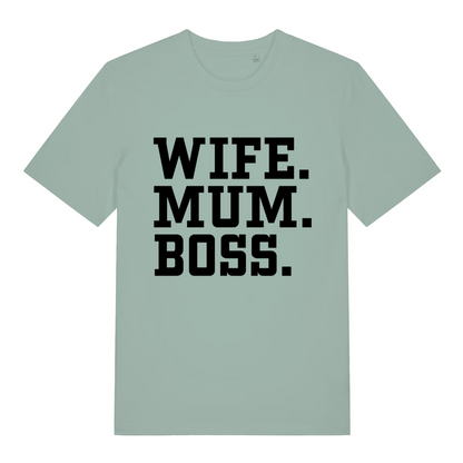 Aloe Wife Mum Boss women’s funny slogan t-shirt with bold stacked text design  