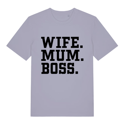 Lavender Wife Mum Boss women’s funny slogan t-shirt featuring ultimate mum statement print  