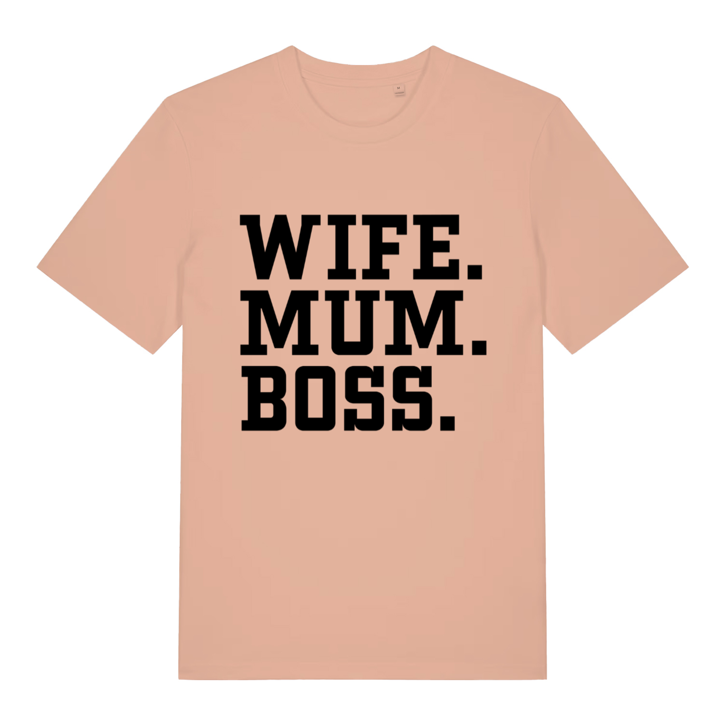 Peach Wife Mum Boss women’s funny slogan t-shirt with classic wife mum boss design  