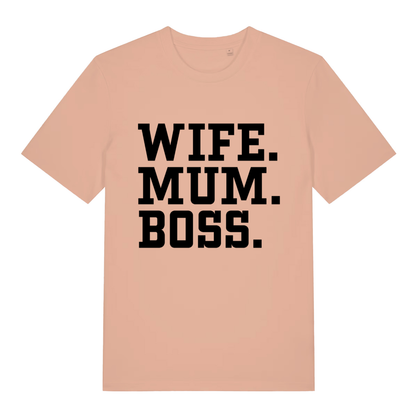 Peach Wife Mum Boss women’s funny slogan t-shirt with classic wife mum boss design  
