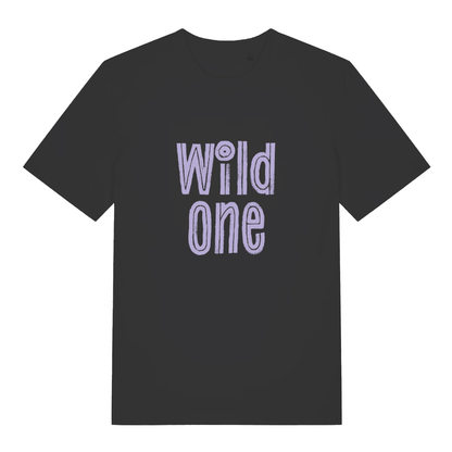 Black Wild One women’s funny slogan t-shirt with distressed purple text design  