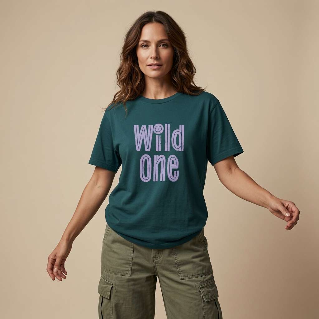 Woman standing with both arms slightly out in a green Wild One t-shirt, group matching hen party design that every no-nonsense lady will claim