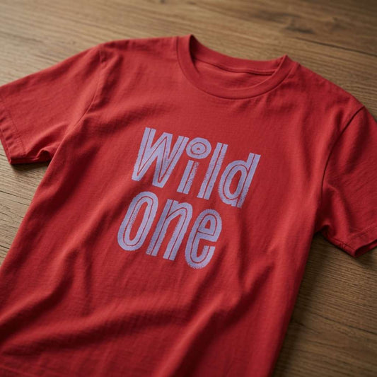 Red Wild One t-shirt laid flat on a wooden surface showing the distressed white text, couples matching ladies design