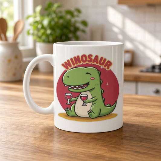 White ceramic mug on a sunlit kitchen counter, printed with a grinning green dinosaur holding a drink beneath the playful word “WINOSAUR”; cheerful, whimsical design.