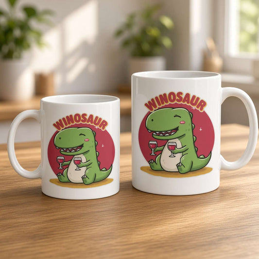 Two white mugs of different sizes sit on a sunlit wooden table, each printed with a grinning green dinosaur holding a drink and the word “WINOSAUR,” creating a playful, cozy feel.