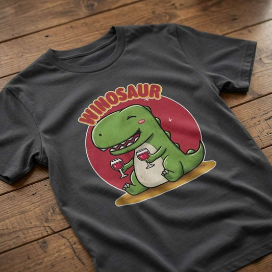 Dark grey Winosaur t-shirt laid flat on a wooden surface showing the full wine-loving dinosaur graphic, funny wine-loving dinosaur ladies shirt full of pure attitude
