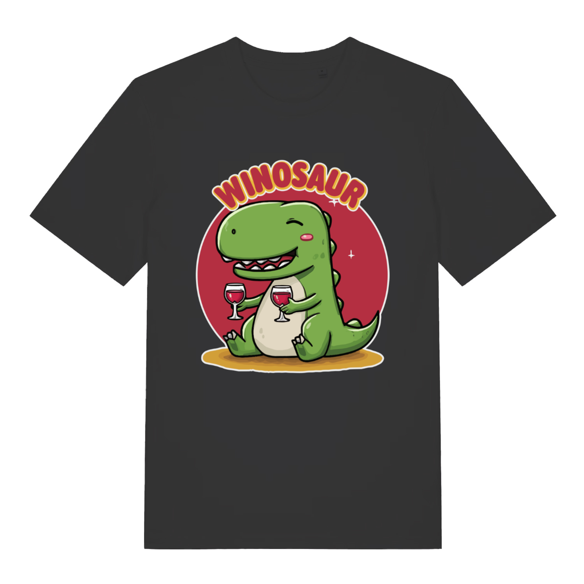 Black Winosaur women’s funny graphic t-shirt with wine drinking dinosaur design  
