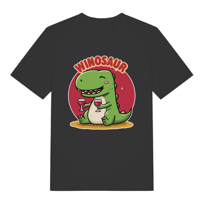 Black Winosaur women’s funny graphic t-shirt with wine drinking dinosaur design  