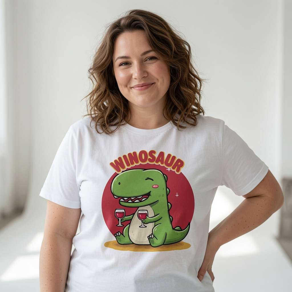 Woman smiling with one hand on her hip in a white Winosaur t-shirt, funny cheeky wine dinosaur ladies shirt that every no-nonsense lady will claim