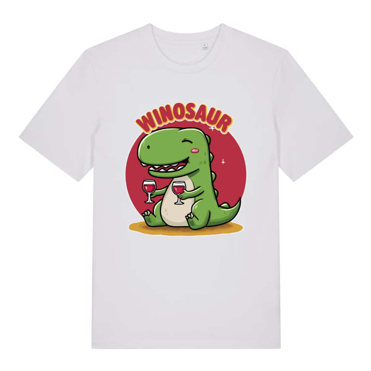 White Winosaur women’s funny graphic t-shirt with bold wine loving dinosaur design  