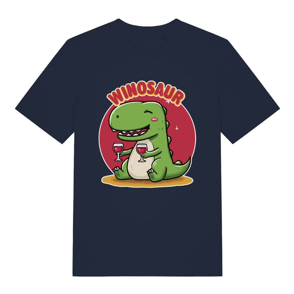 Navy Winosaur women’s funny graphic t-shirt showing ultimate wine dinosaur print  