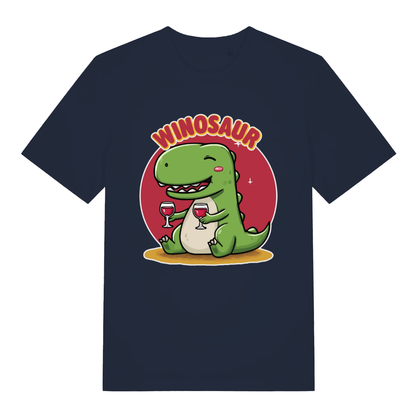 Navy Winosaur women’s funny graphic t-shirt showing ultimate wine dinosaur print  