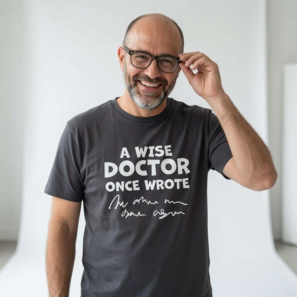 Man smiling and adjusting his glasses while wearing a black A Wise Doctor Once Wrote t-shirt, fun witty mens dad joke shirt full of pure attitude