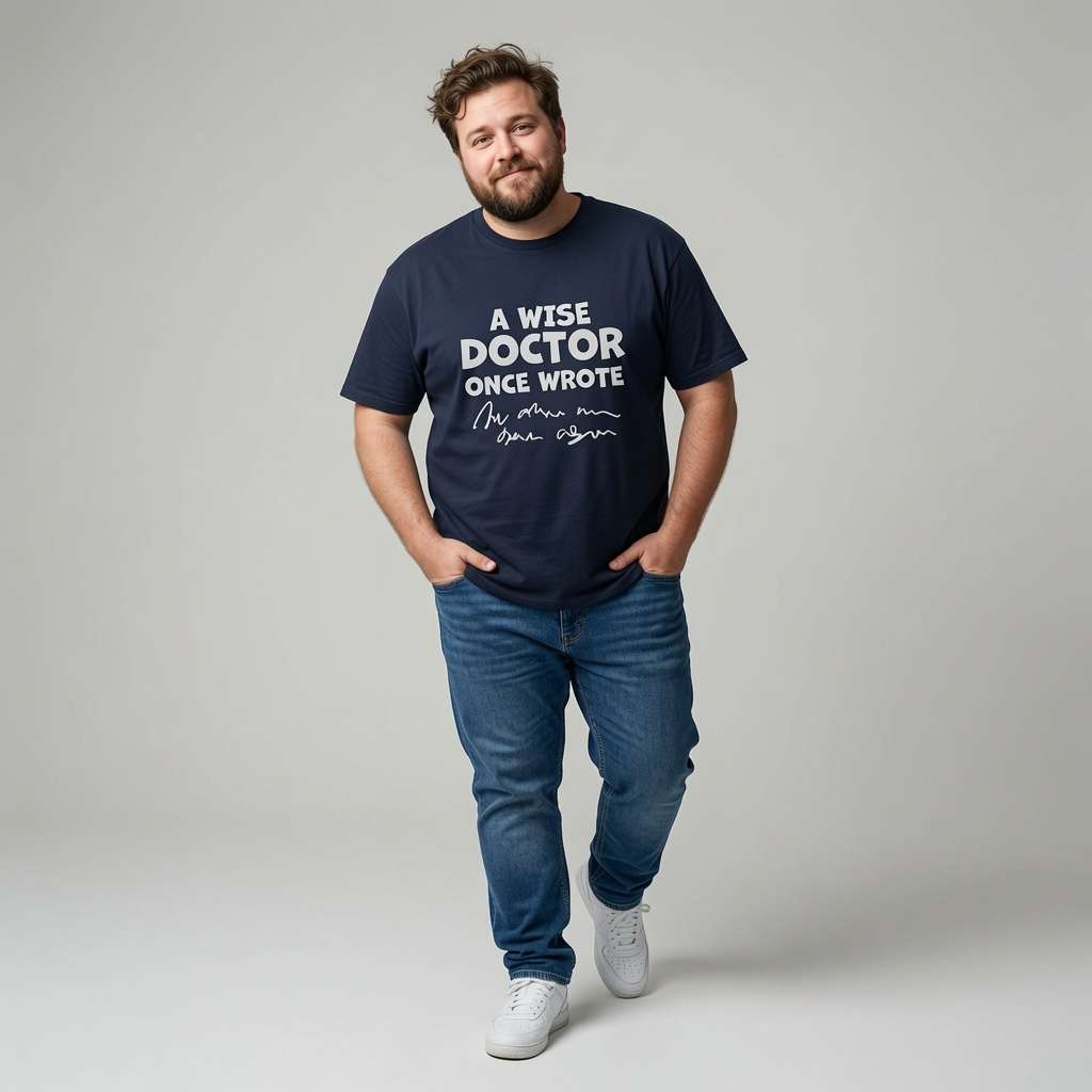 Man standing with both hands in his pockets in a navy A Wise Doctor Once Wrote t-shirt, funny witty mens NHS slogan design that every cheeky lad will claim