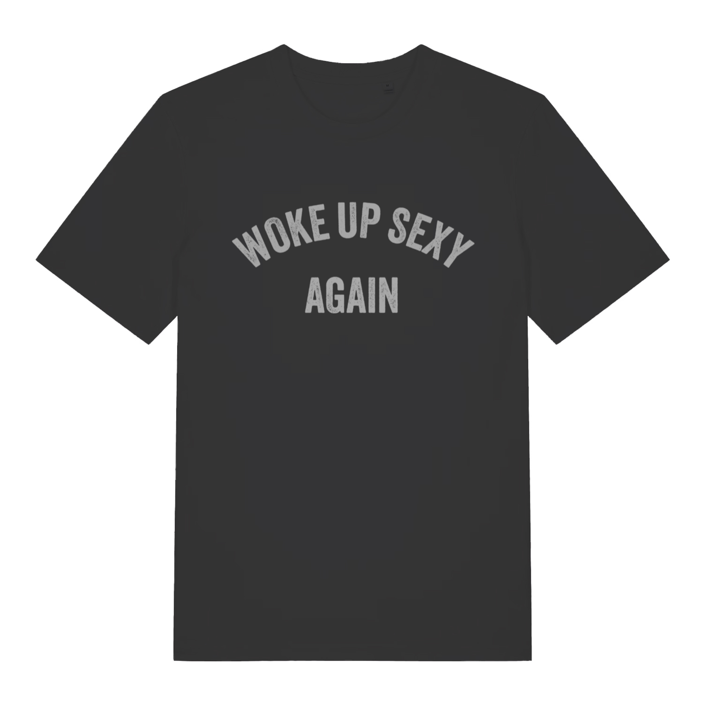 Black Woke Up Sexy Again men’s funny slogan t-shirt with classic arched text design  