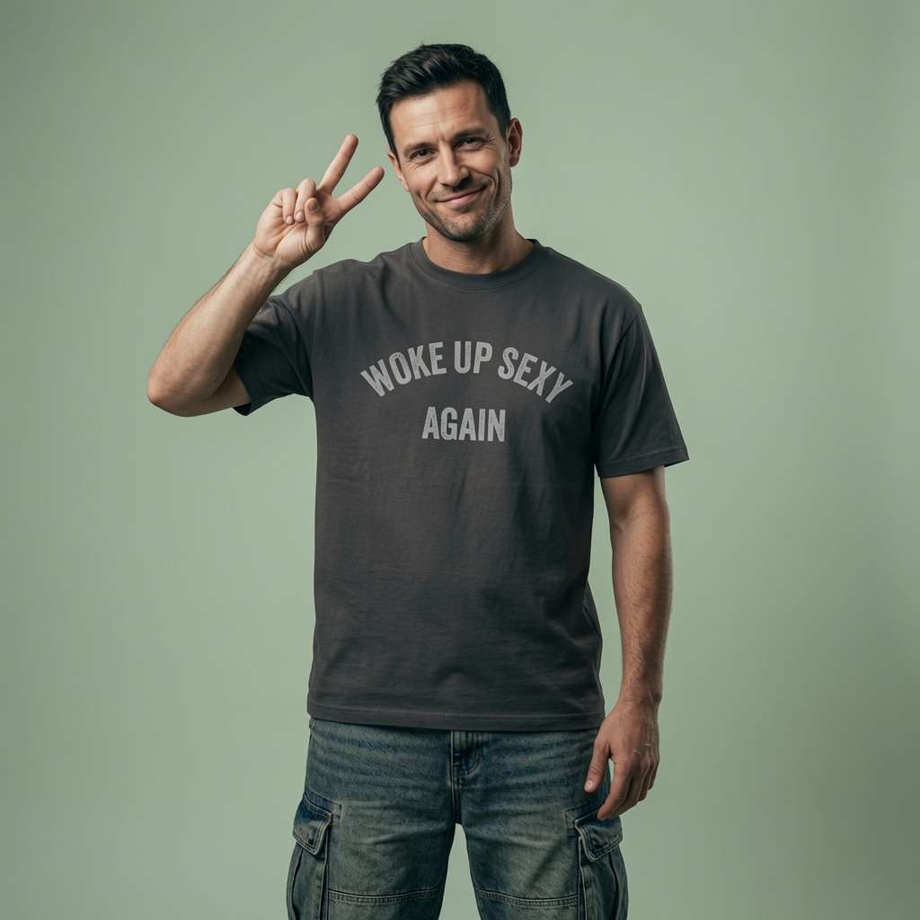 Man smiling and making a peace sign with one hand in a khaki Woke Up Sexy Again t-shirt, cool funny mens slogan design that every cheeky lad will claim