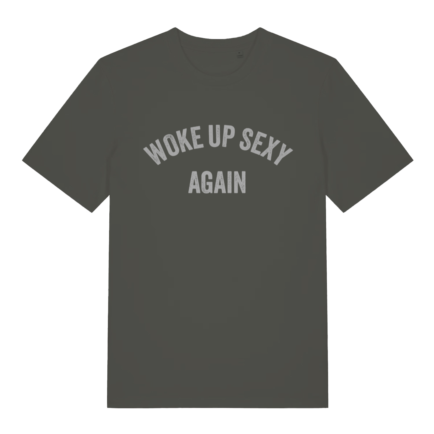 Khaki Woke Up Sexy Again men’s funny slogan t-shirt showing distressed woke up sexy print  