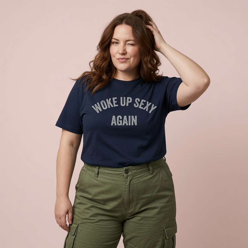 Woman winking with one hand in her hair in a navy Woke Up Sexy Again t-shirt, funny witty ladies mum design that every no-nonsense lady will claim