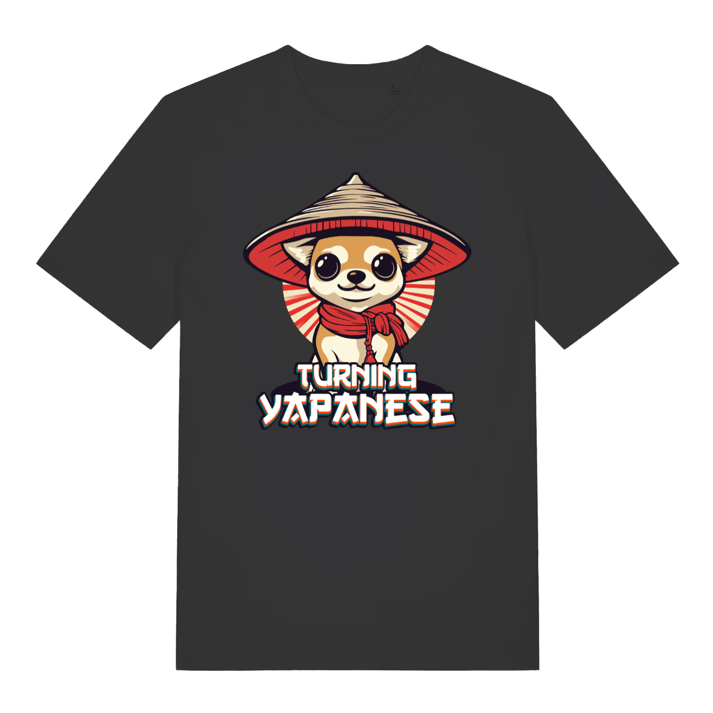 Black Turning Yapanese men’s funny dog graphic t-shirt with chihuahua in conical hat design  