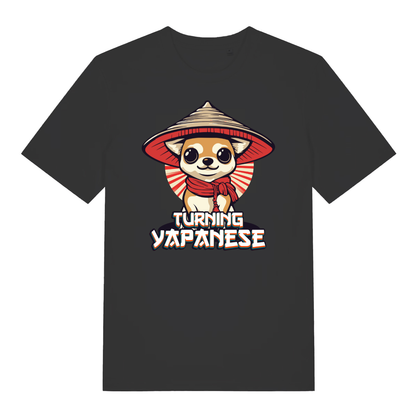 Black Turning Yapanese men’s funny dog graphic t-shirt with chihuahua in conical hat design  