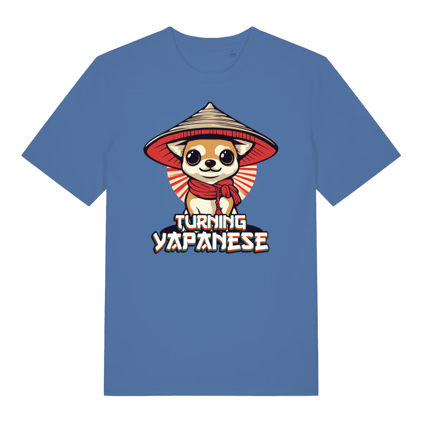 Bright blue Turning Yapanese men’s funny dog graphic t-shirt featuring cute yappy chihuahua print  