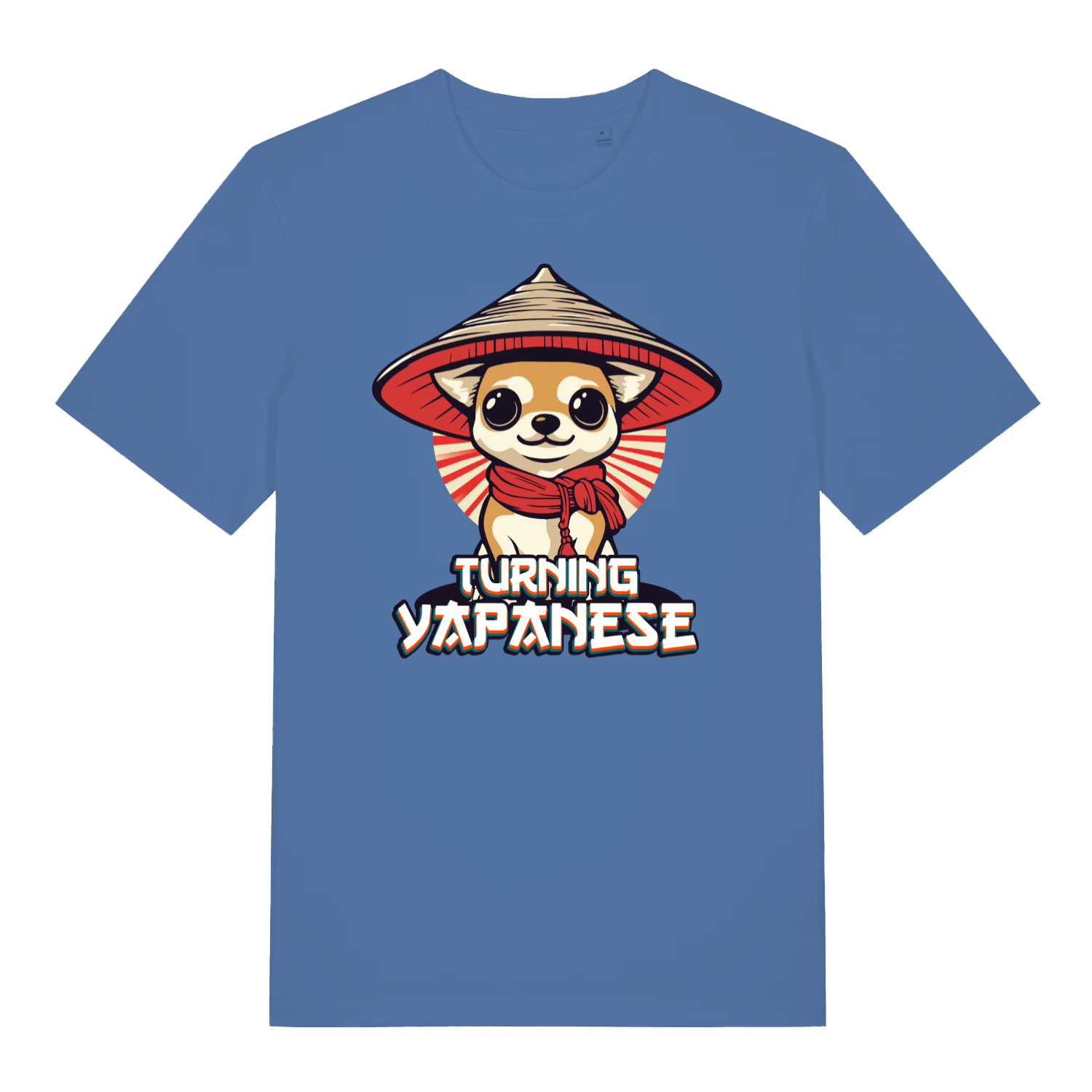 Bright blue Turning Yapanese men’s funny dog graphic t-shirt featuring cute yappy chihuahua print  