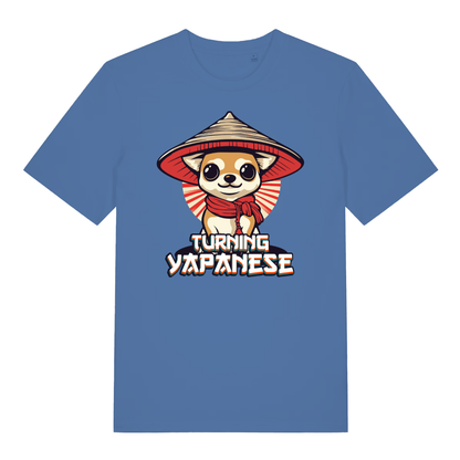 Bright blue Turning Yapanese men’s funny dog graphic t-shirt featuring cute yappy chihuahua print  