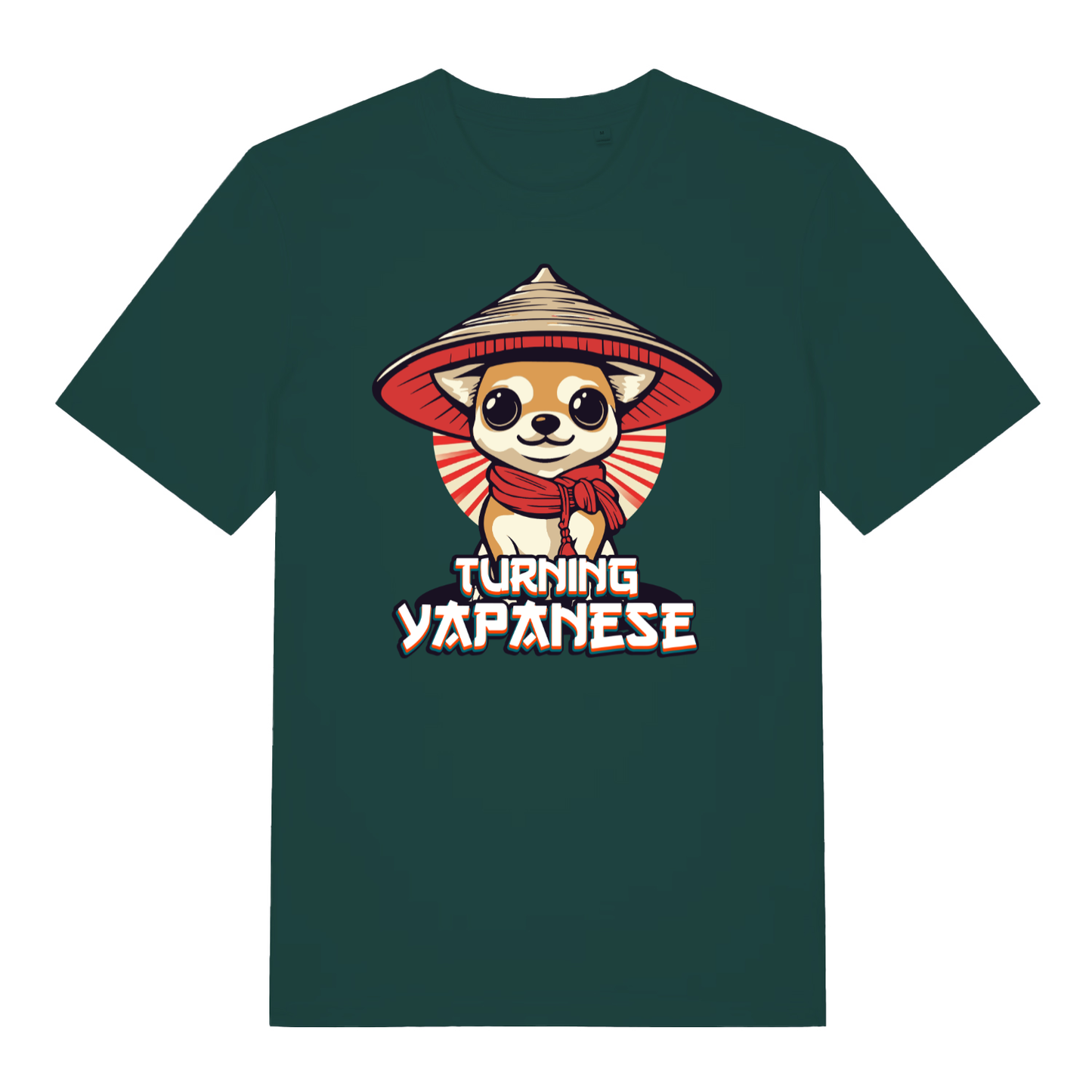 Glazed green Turning Yapanese men’s funny dog graphic t-shirt showing Asian hat chihuahua design  