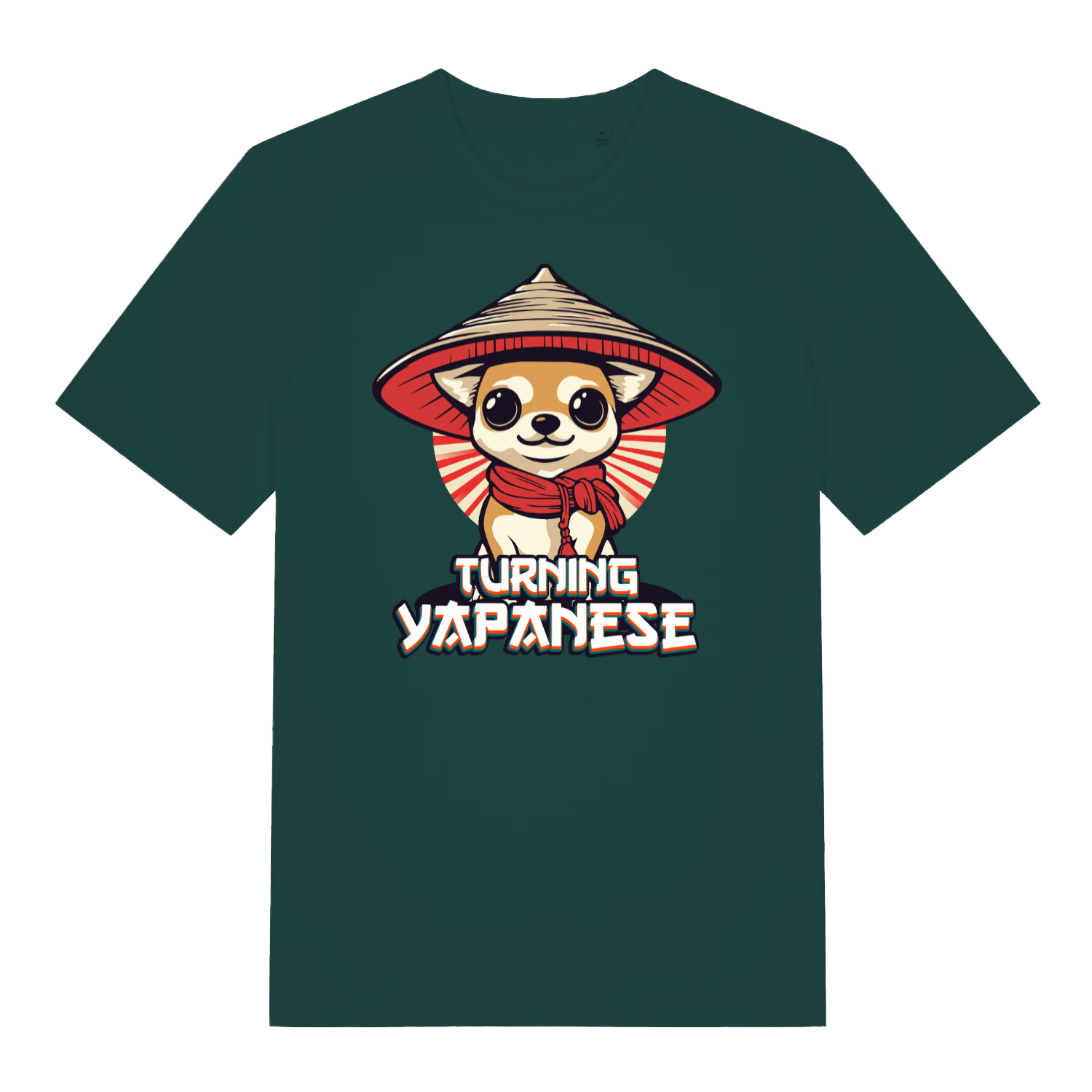 Glazed green Turning Yapanese men’s funny dog graphic t-shirt showing Asian hat chihuahua design  