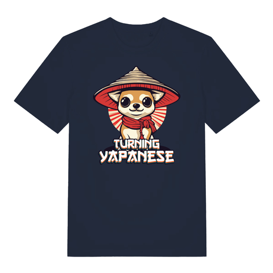 Navy Turning Yapanese men’s funny dog graphic t-shirt with classic yappy dog pun print  