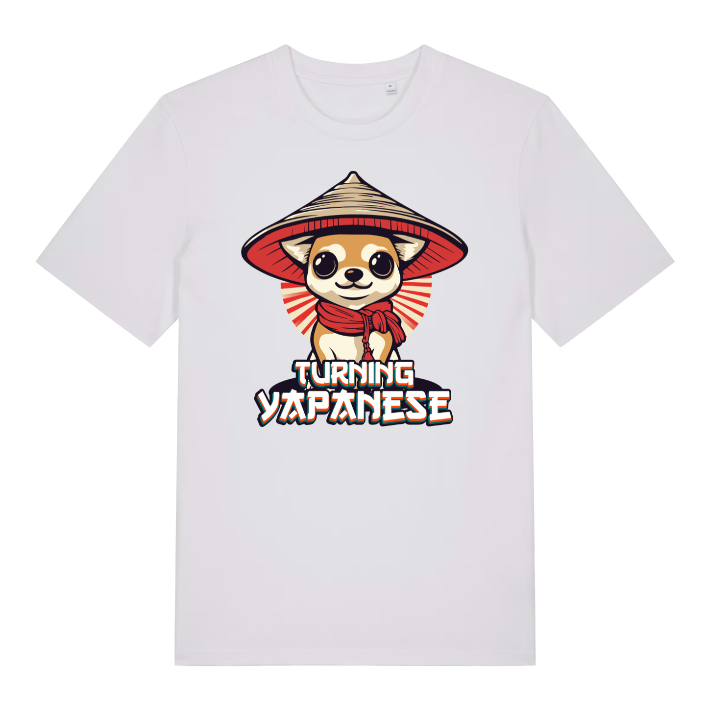 White Turning Yapanese men’s funny dog graphic t-shirt featuring big-eyed chihuahua design  