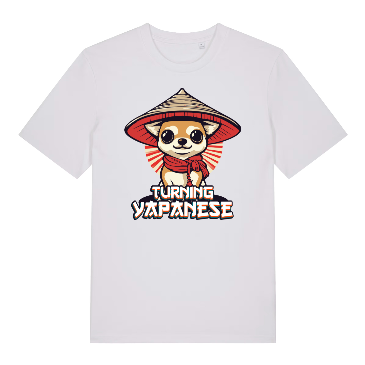 White Turning Yapanese men’s funny dog graphic t-shirt featuring big-eyed chihuahua design  