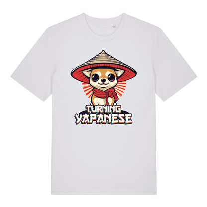 White Turning Yapanese men’s funny dog graphic t-shirt featuring big-eyed chihuahua design  