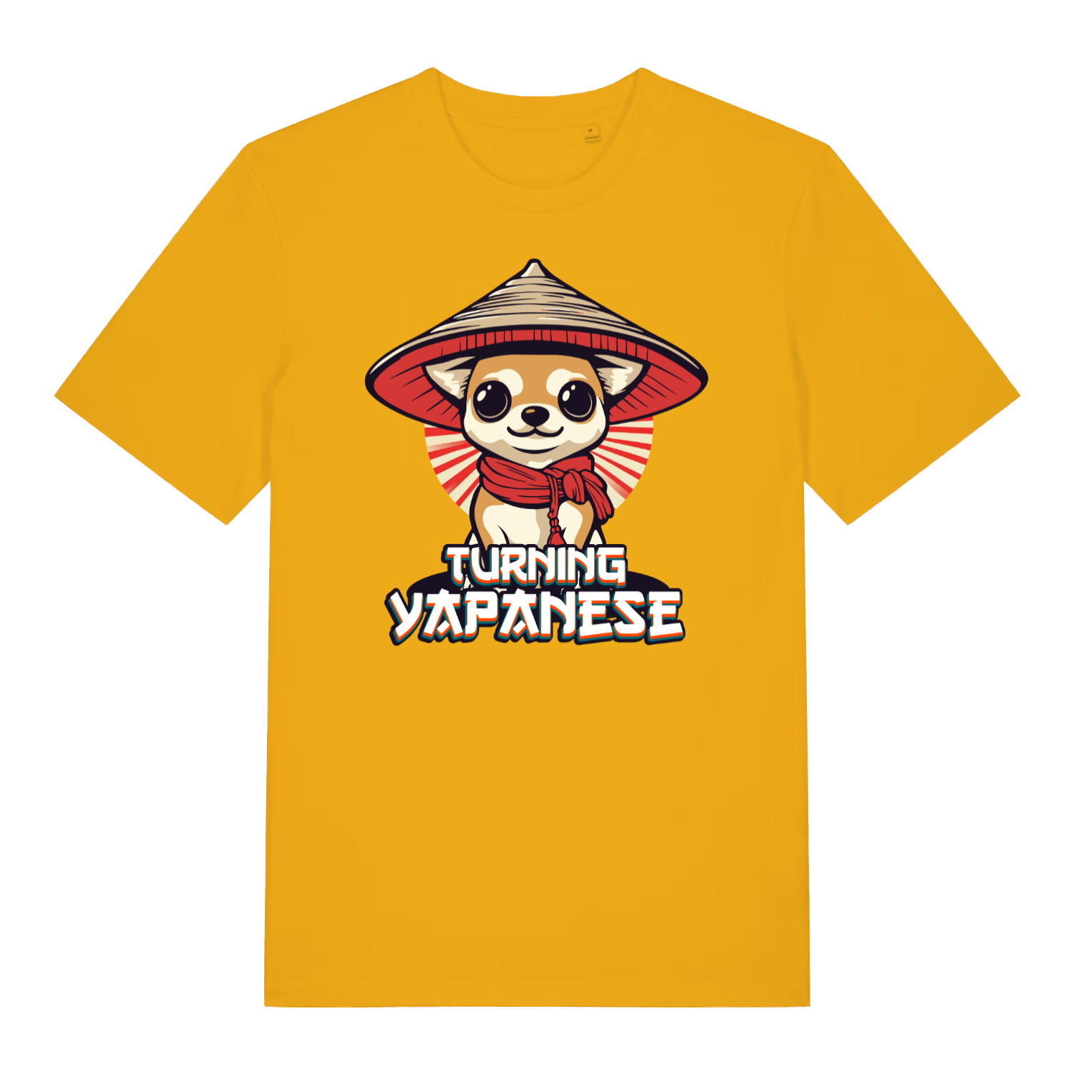 Yellow Turning Yapanese men’s funny dog graphic t-shirt with bold turning yapanese slogan  