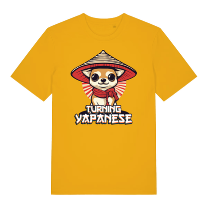 Yellow Turning Yapanese men’s funny dog graphic t-shirt with bold turning yapanese slogan  
