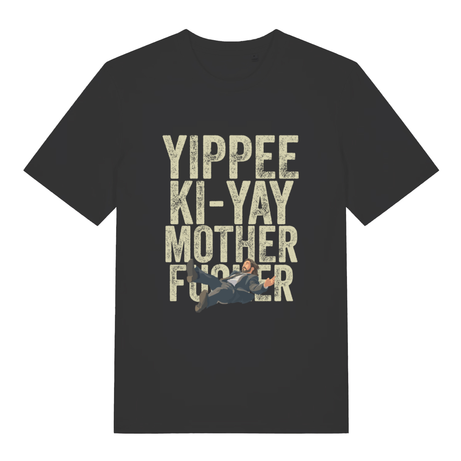 Black Yippee Ki-Yay men’s funny Christmas t-shirt with Hans Gruber falling Die Hard design  