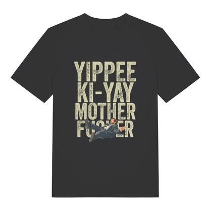 Black Yippee Ki-Yay men’s funny Christmas t-shirt with Hans Gruber falling Die Hard design  