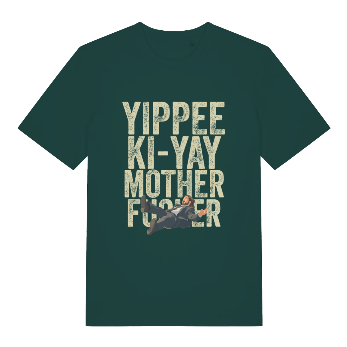 Glazed green Yippee Ki-Yay men’s funny Christmas t-shirt with bold Nakatomi Plaza graphic  
