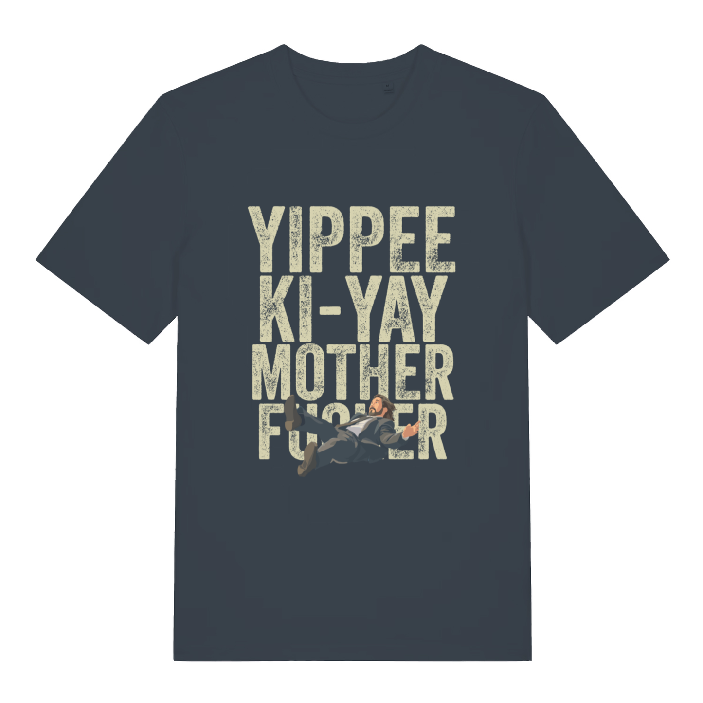 Ink grey Yippee Ki-Yay men’s funny Christmas t-shirt showing distressed Die Hard quote design  