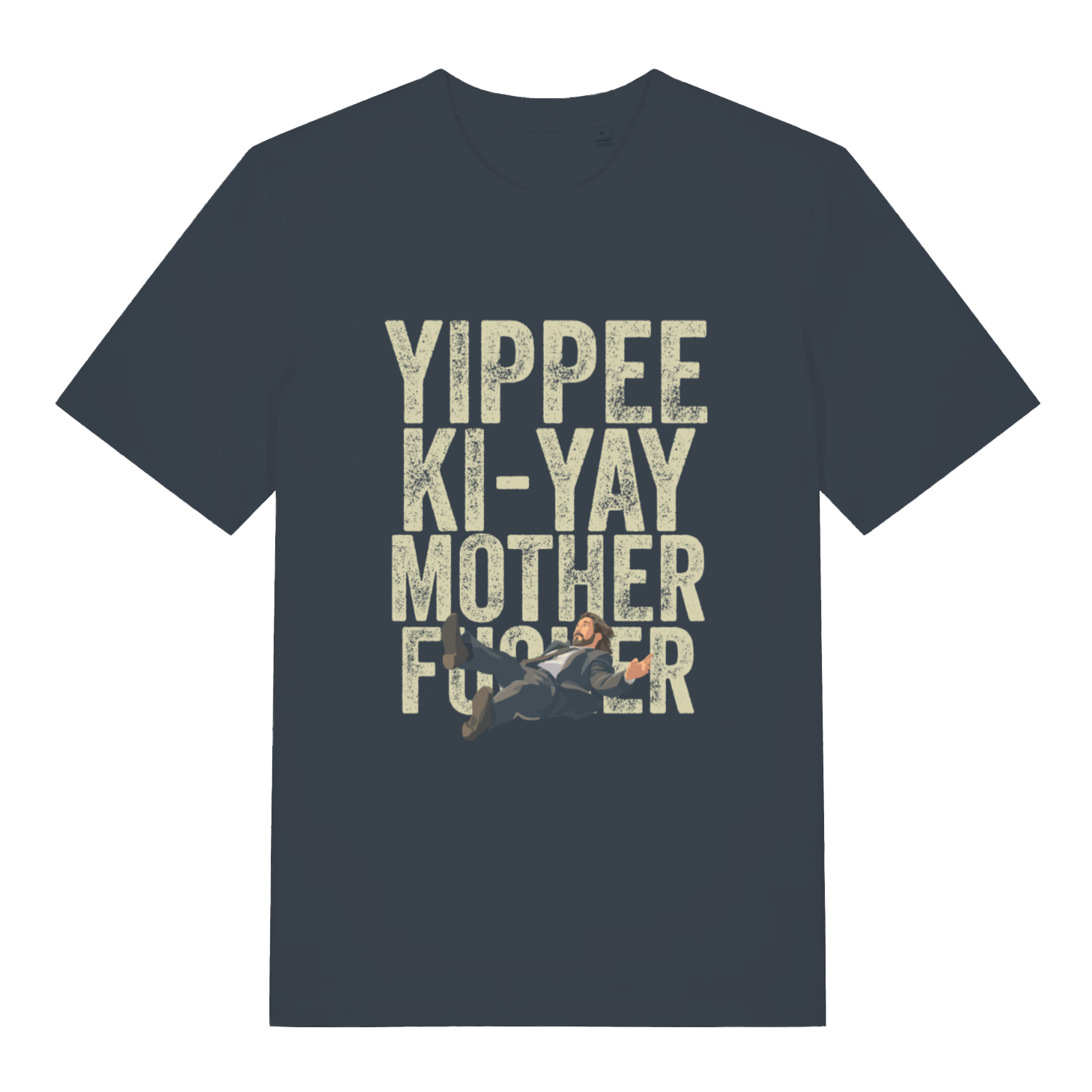 Ink grey Yippee Ki-Yay men’s funny Christmas t-shirt showing distressed Die Hard quote design  