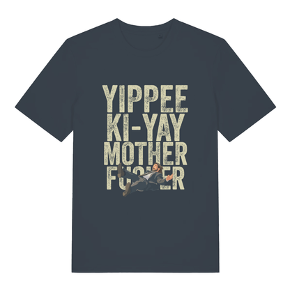 Ink grey Yippee Ki-Yay men’s funny Christmas t-shirt showing distressed Die Hard quote design  