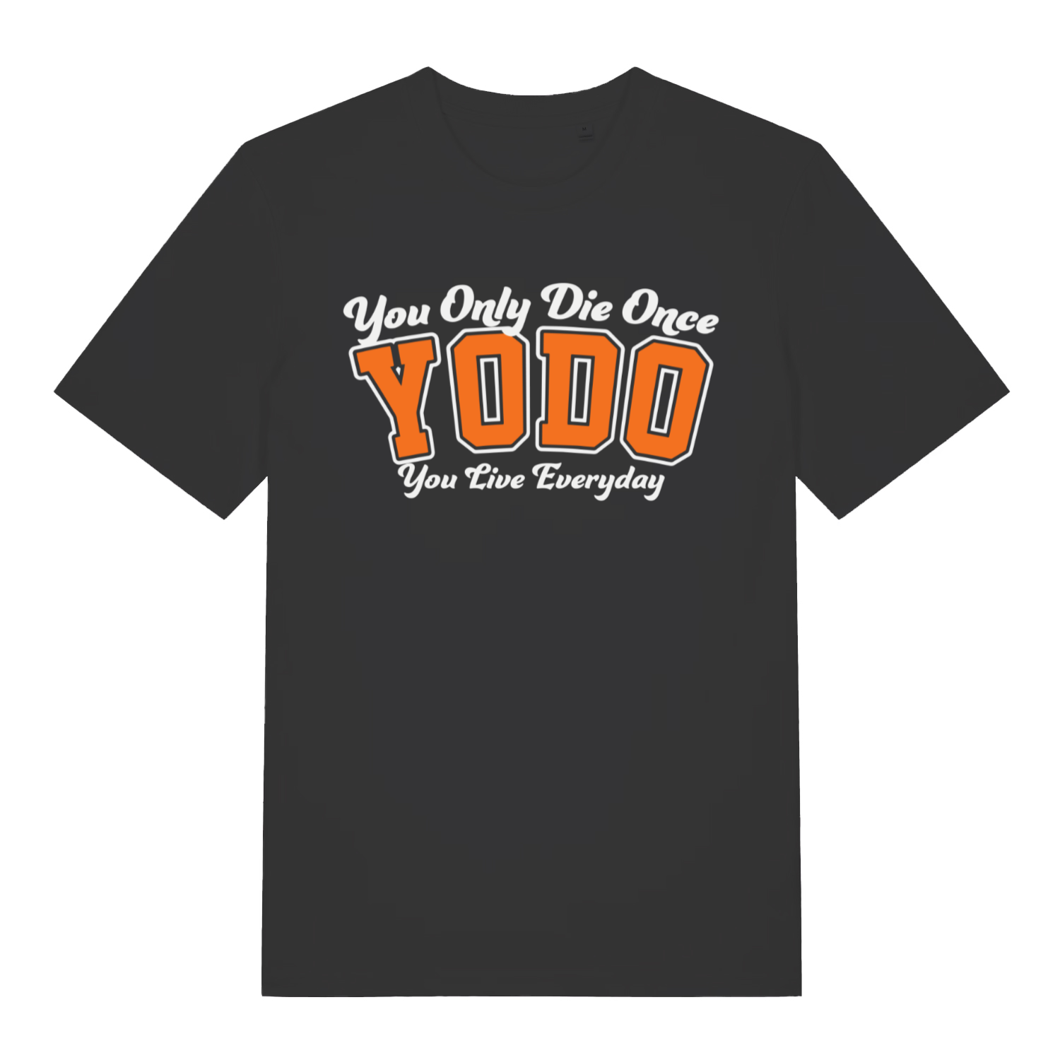 Black YODO men’s funny motivational slogan t-shirt with bold You Only Die Once design  