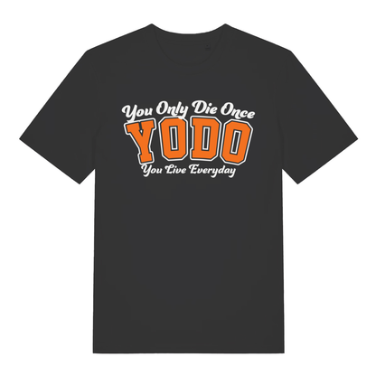 Black YODO men’s funny motivational slogan t-shirt with bold You Only Die Once design  