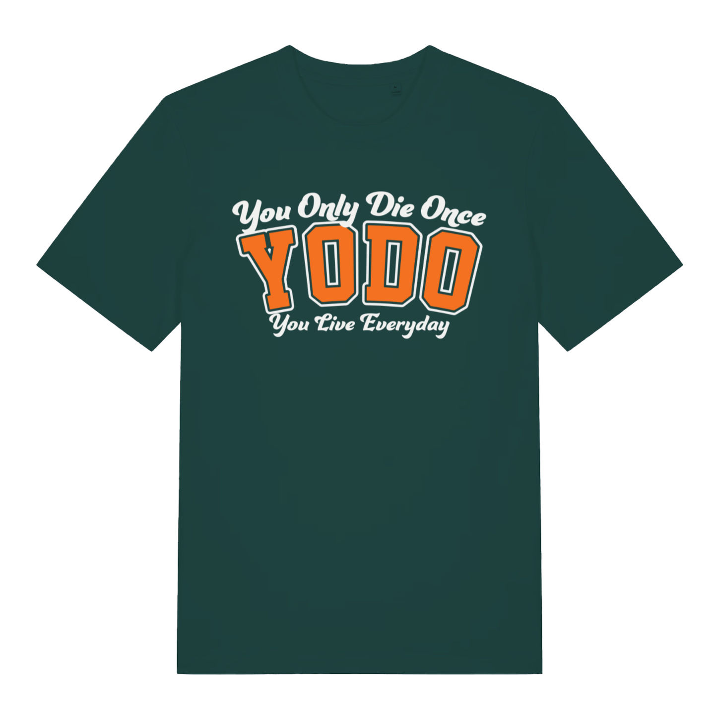 Green YODO men’s funny motivational slogan t-shirt with orange varsity YODO lettering  